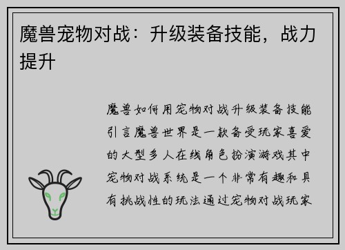 魔兽宠物对战：升级装备技能，战力提升