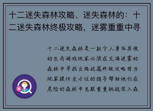 十二迷失森林攻略、迷失森林的：十二迷失森林终极攻略，迷雾重重中寻出路