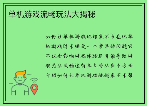 单机游戏流畅玩法大揭秘